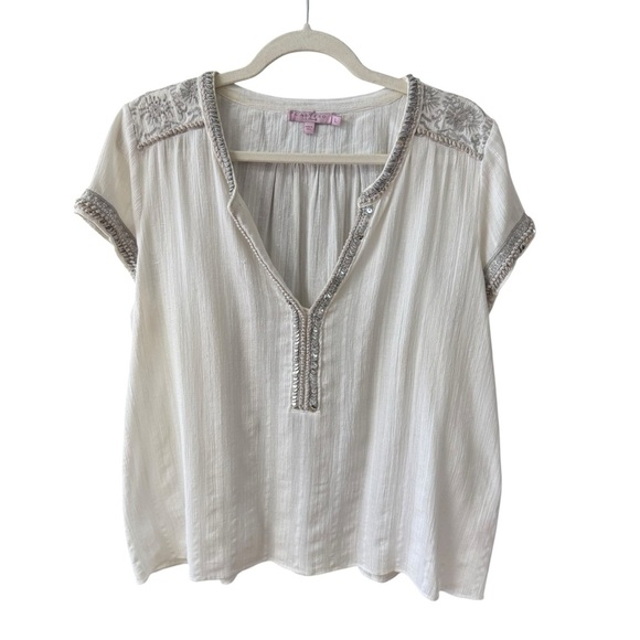 Calypso St. Barth Sequined Crochet Blouse Top Size Lg White Gray Boho Boxy Work - Picture 11 of 11